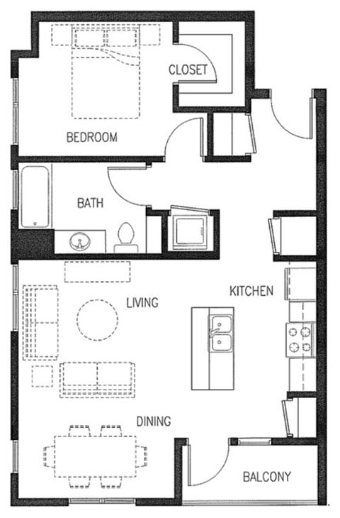 Floor plan for 1 bed, 1 bath, 817 sqft